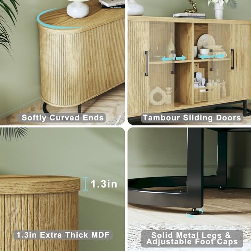 54.3" Buffet Cabinet with Storage, Fluted Sideboard with Tambour Doors, Modern Kitchen Storage Cabinet with Adjustable Shelves for Living Room, Entryway, Oak
