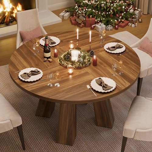 47" Round Dining Table for 4-6, Wood Kitchen Table with Sturdy Base, Farmhouse Circle Dinner Table for Dining Room, Living Room, 4 Strong Legs, Walnut