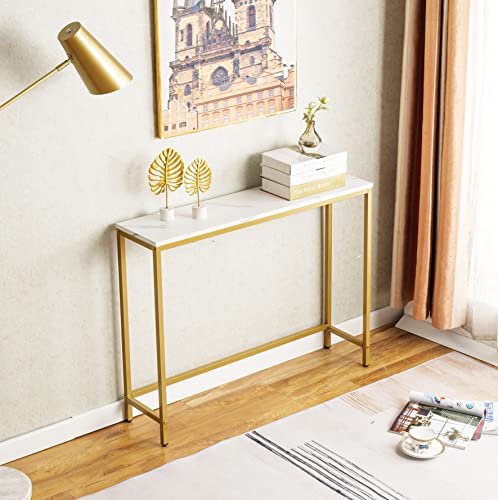 Small Console Table for Entryway, Faux Marble MDF Sofa Table with Golden Frame, Single Layer, White Marble, 9.45" D x 38.19" W x 30" H