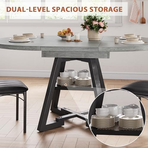 Expandable Kitchen Dining Table for 4-6, Oval Round Dining Table with Storage Shelf and Removable Extension Leaf, Space Saving Pedestal Table for Dining Room, Modern Industrial Style (Grey)
