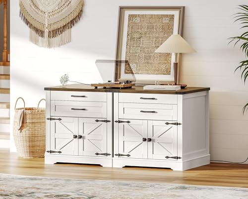 Farmhouse End Table with Charging Station, 24'' Sofa Side Table with 2 Drawers and Barn Door, Large Rustic Wooden Square Nightstand for Bedroom, Living Room, White and Walnut