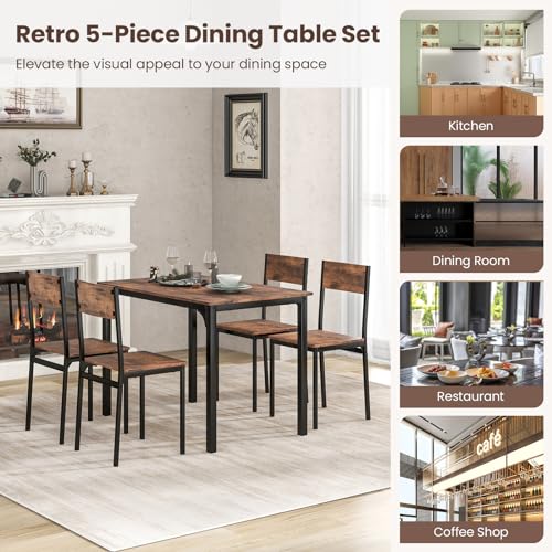 Dining Table Set for 4, Retro Kitchen Table and Chairs Set for 4, Metal Frame, Space-Saving Table and Chairs Set of 4 for Small Place, Living Room, Breakfast Nook