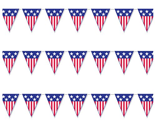 Beistle Spirit of America Triangle Pennant Banners, 11” x 12’, 3 Pack – Patriotic Flag Porch Decorations, Stars & Stripes Party Supplies for 4th of July & Memorial Day, Red, White & Blue Holiday Decor