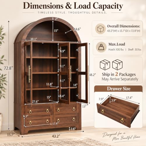 Arched Pantry Cabinet with Glass Doors and Adjustable Shelves, view 8