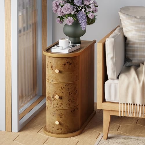 Rustic Farmhouse Narrow 3 Drawer End Table with Burl Finish, Brown, view 2