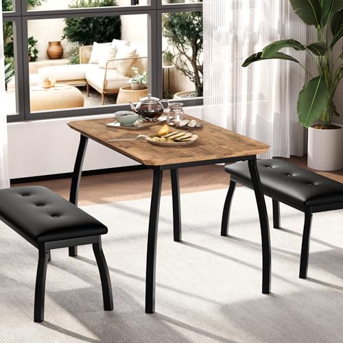 Dining Table for 4, 3-Piece Kitchen Table Set for 4 with Wooden Tabletop and Metal Frame, Industrial Kitchen Table with 2 PU Leather Benches for Bar, Dining Room, Restaurant(43''x28''x30''), Retro
