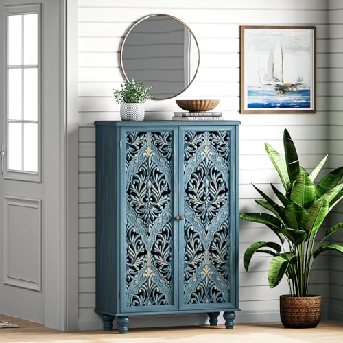 47" Tall Accent Cabinet with Carved Doors & Storage for Living Room | Vertical Storage for Dining Room,Bedroom, Carved Floral Design, Farmhouse & Rustic Style, Adjustable Shelves, Easy Assembly