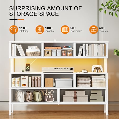 43.3" TV Stand for 55" TV, Entertainment Center with Charging Station and LED Light, Media Console Table with Drawers & Shelves, TV Stand for Living Room, White
