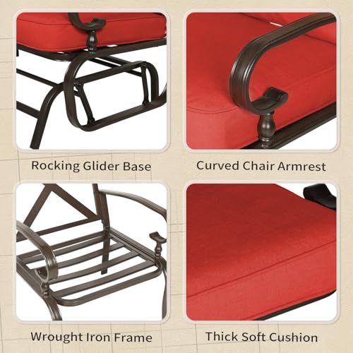 5-Piece Outdoor Metal Furniture Sets Patio Conversation Set Wrought Iron Glider, 2 Single Chairs, Loveseat and Coffee Table, Red