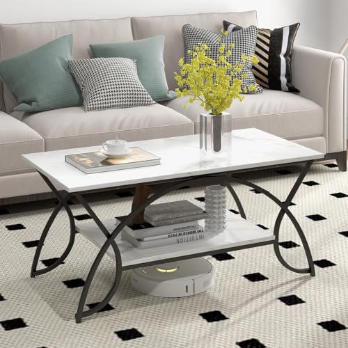 2-Tier Rectangular Coffee Table, Faux Marble Table with Open Storage Shelf, Black Finished Metal Frame, Modern Center Table for Living Room, Reception Room (White+Black)