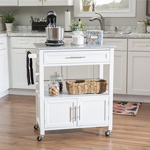 Kyler White Granite Topped Kitchen Cart with Lockable Casters and Hidden Storage Spaces