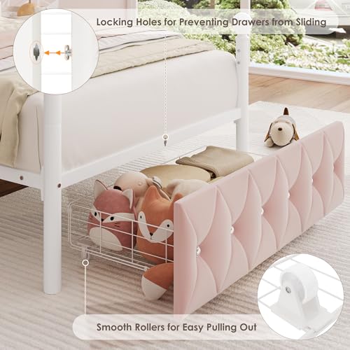 Twin Upholstered Canopy Bed Frame with Drawer & Crystal Tufted Storage, view 7