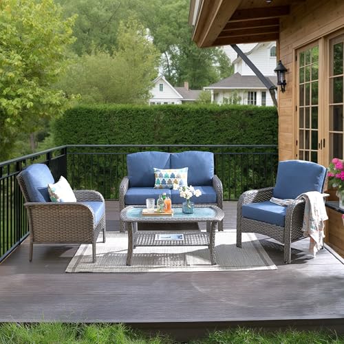 Patio Furniture Set,4 Pieces Outdoor Conversation Set,All Weather Wicker Loveseat Sofa Set with High Back Chairs Table,Denim Blue