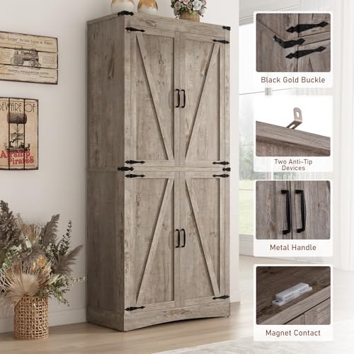 71" Tall Kitchen Pantry,Farmhouse Storage Cabinet with Adjustable Shelves,Load-Bearing Steel Pipe,Farmhouse Pantry Cabinet with 4 Barn Doors,for Kitchen,Dining Room,Living Room(Light Rustic Oak)