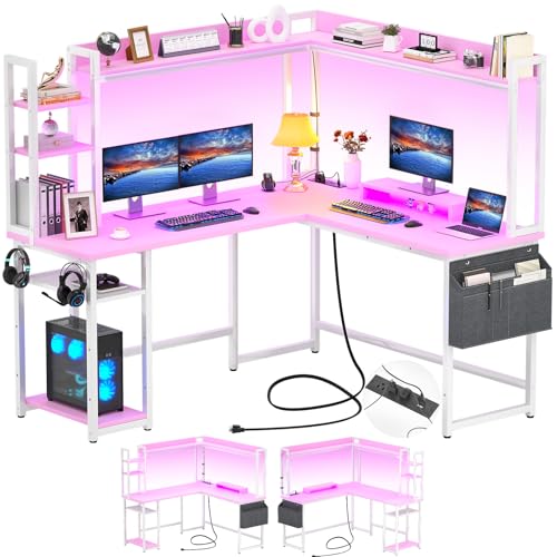 L Shaped Desk Gaming Desk with Power Outlet & LED Light & Monitor, view 2