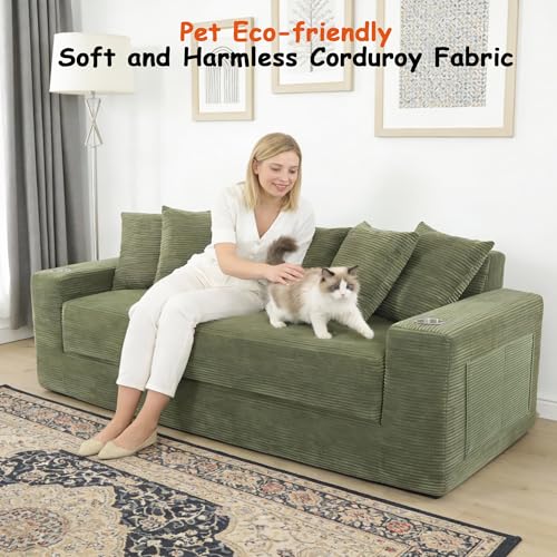 76" Convertible Sofa Bed, 2-in-1 Boneless Sleeper Sofa with Cup Holder & Pocket, Corduroy Pull Out Couch with 5 Pillows, Couch Bed for Living Room, Small Spaces, Bedroom, No Assembly