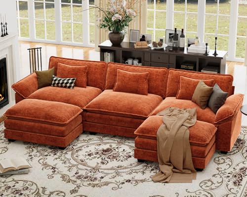 120" Oversized Modular Sectional Sofa, Comfy U-Shaped Cloud Couch w/ 2 Movable Ottoman, 5-Seater Chenille Deep Seat Modern Sofa Couch for Living Room, DIY Combination, Terracotta Orange