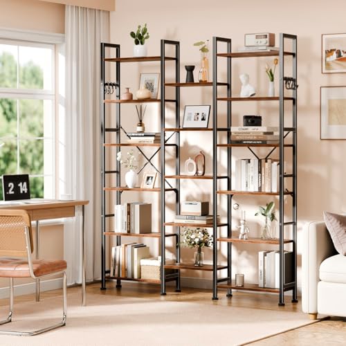 Triple Column 6 Tier Bookshelf, Large Bookcase with 17 Display Shelves, Wide Book Shelf with 6 Hooks, Adjustable Rustic Bookshelves Storage Organizer, Shelving Unit for Living Room, Office