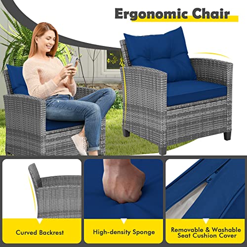3 Pieces Patio Conversation Set, Outdoor Furniture Set PE Rattan Sofa Set with Removable Cushions, PE Wicker Chairs with Tempered Glass Side Table for Porch Lawn Garden Balcony Backyard