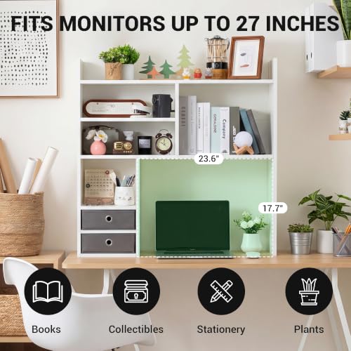 Desktop Bookshelf, High-Capacity Desk Hutch Organizer, White, view 8