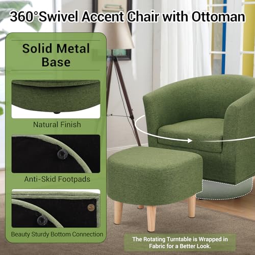 Green Swivel Accent Chair with Ottoman, Comfy Barrel Armchair for Small Spaces, 360° Modern Fabric Lounge Chair for Living Room, Bedroom, Reading Nook, Home Office