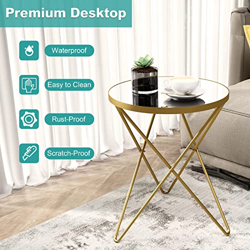 Modern Round Side Table, End Table with Marble Effect Top and Gold Metal Frame, view 7