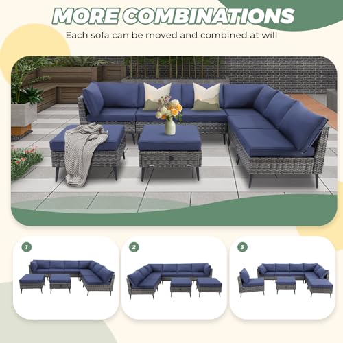 8 Pieces Outdoor Patio Furniture Set, Wicker Sectional Sofa Set for All-Weather, Rattan Conversation Sets with Cushions and Storage for Deck, Backyard, Porch (Grey)