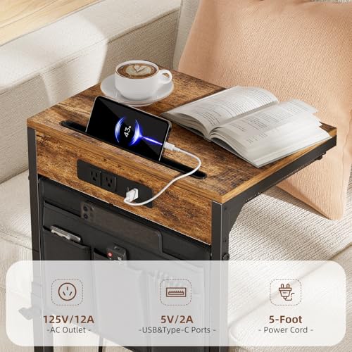 Side Table, C Shaped End Table with Charging Station, Couch Table with Storage Bag, Adjustable Height, Rustic Brown
