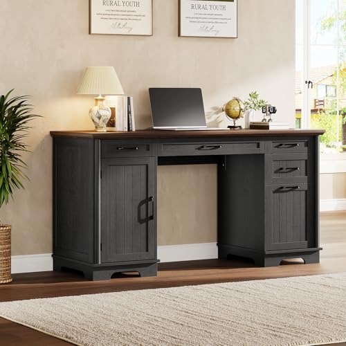 56" Large Executive Desk with Drawers,Modern Farmhouse Home Office Desk with Charging Station, Wood Computer Writing Desk with File Drawer for Study Work Bedroom Living Room Black