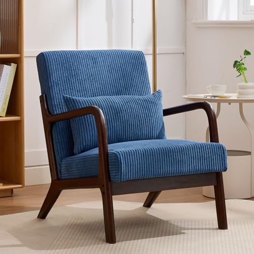 Mid Century Modern Corduroy Accent Chair, Living Room Chairs with Lumbar Pillow Boho Arm Chiar Reading Chair with Solid Wood Frame for Living Room Bedroom