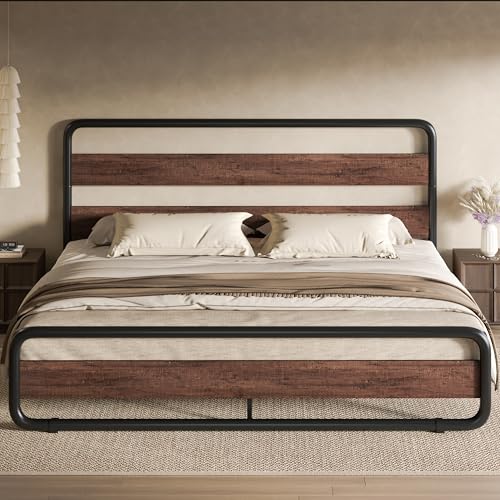 King Size Metal Bed Frame with Wooden Headboard, Mahogany, view 7