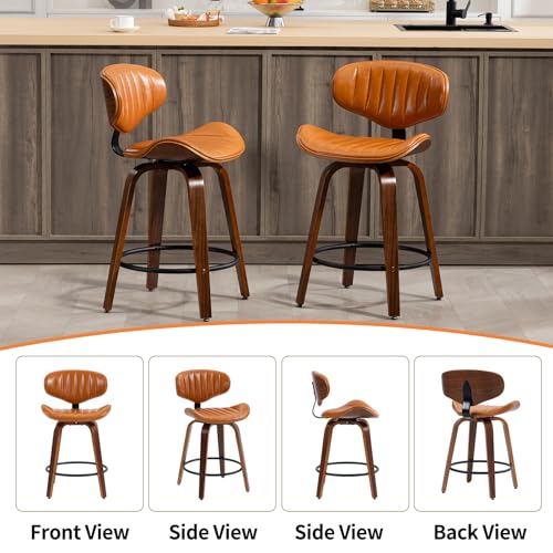 Swivel Bar Stools Set of 3, 24 inch PU Leather Wooden Bentwood Barstools Counter Height Modern Breakfast Bar Chairs with Backrest and Footrest for Kitchen Island, Dining Room D035-Brown-3