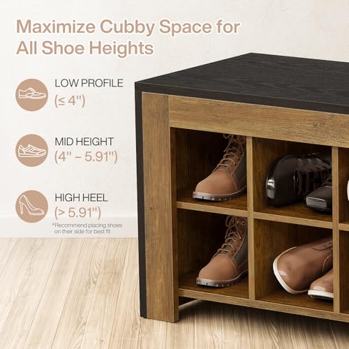 48-inch Farmhouse Entryway Bench, Wooden Shoe Storage Bench with 12 Cubbies & Compartments, Shoe Rack Organizer, Freestanding Shoe Cabinet for Hallway, Mudroom, Cloakroom, Bedroom