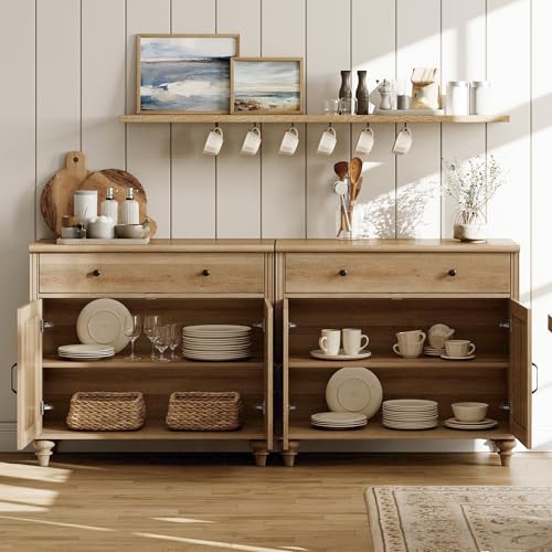 WAMAPT Buffet Cabinet with 4 Doors and 2 Drawers, Large Coffee Bar Table Wood Kitchen Storage Cabinets with Storage Cabinets, Modern Farmhouse Sideboard Credenza for Dining Room, Oak, 68 inch