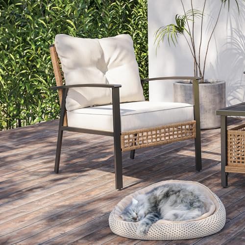 Outdoor Rattan Bistro Set, Patio Furniture Wicker Chairs Set of 2 with Deep Seating and Thick Cushions, Oversize Conversation Set for Garden, Balcony and Backyard (Beige)