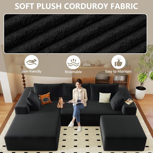 96" Cloud Sectional Couch with U-Shaped Chaise, Corduroy Sectional Sofa with Ottoman, Boneless Couch with Deep Seat in a Box for Living Room, No Assembly Required (Black, Left Facing Chaise)