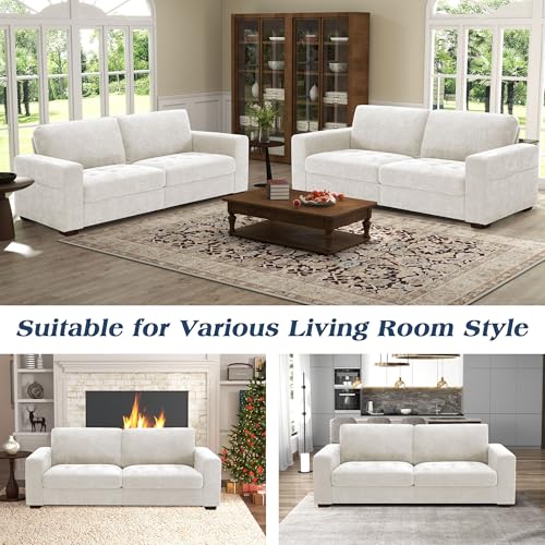 Sofas for Living Room, Chenille Loveseat Couch Set, Small Modern Sofa, USB Charging, Removable Sofa Cover,Solid Wood Frame, Easy to Install(89inch,White)