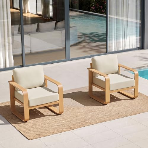 CHITA Aluminum Outdoor Chairs Set of 2, Modern Patio Furniture Chairs Set | 100% Aluminum Frame, Wood-Like Finish Grain, 6.3in Thickened Cushion, OEKO-TEX Olefin Washable Covers, Anti-slip Straps