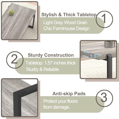 Modern Coffee Table, Rustic Wood and Metal Center Table, Retro Small Cocktail Tea Table for Living Room, Light Grey, 44 Inch