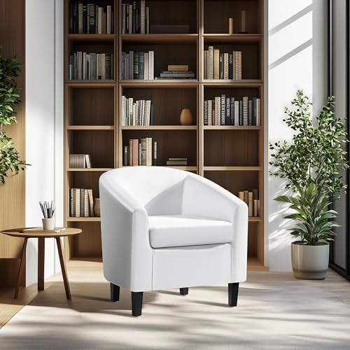 Yaheetech Barrel Chair, Faux Leather Accent Chair with Soft Padded and Sturdy Legs for Living Room/Bedroom/Study/Waiting Room, White