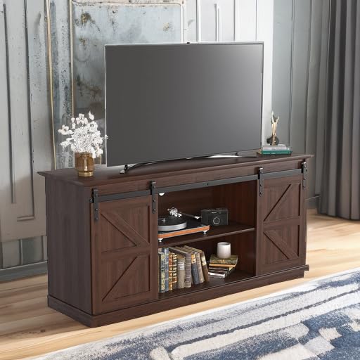 TV Stand for 65 Inch TV, Entertainment Center with Storage Cabinets and Sliding Barn Doors, Mid Century Modern Media TV Console Table for Living Room Bedroom (Brown)