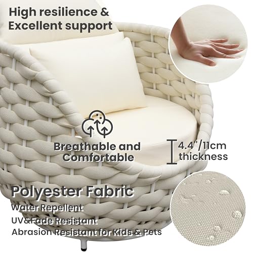 Patio Accent Chairs Set of 6: Aluminum Porch Lounge Chair with Arms - Woven Rope Cushioned Armchair - Modern One Seater Sofa - Outdoor Deck Furniture for 400lbs Balcony Yard Garden Hotel, Beige