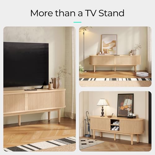 Fluted TV Stand for 75" TV, Mid-Century Modern 70" Entertainment Center with Sliding Tambour Door and Storage Cabinet, Cruved TV Media Console Table for Living Room, Bedroom, Oak