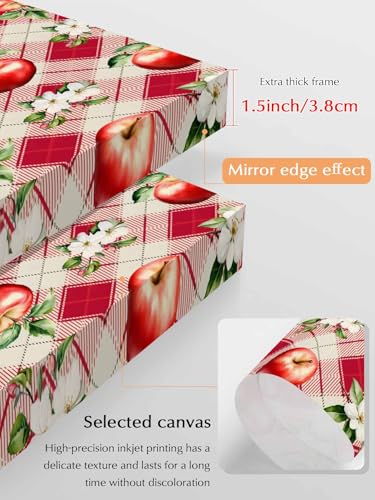 NuYeBiofx Farmhouse Red Apples White Floral Canvas Wall Art Prints,48"x32" Framed Picture Artwork Diamond Buffalo Plaid Printed Canvas Oil Painting for Living Room Bedroom Office,Ready to Hang
