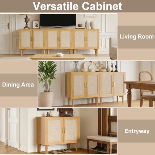 32.2" Rattan Sideboard Cabinet | Modern Accent Storage Cabinet with Adjustable Shelf and Solid Wood Legs for Kitchen, Living Room, Entryway, Natural Oak