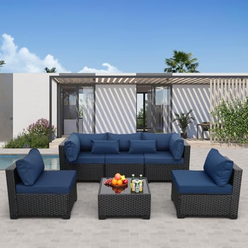 Patio Sectional 6 Pieces All-Weather Wicker Patio Furniture Set Outdoor Sectional with Glass Table Non-Slip Cushions and Waterproof Cover, Navy Blue
