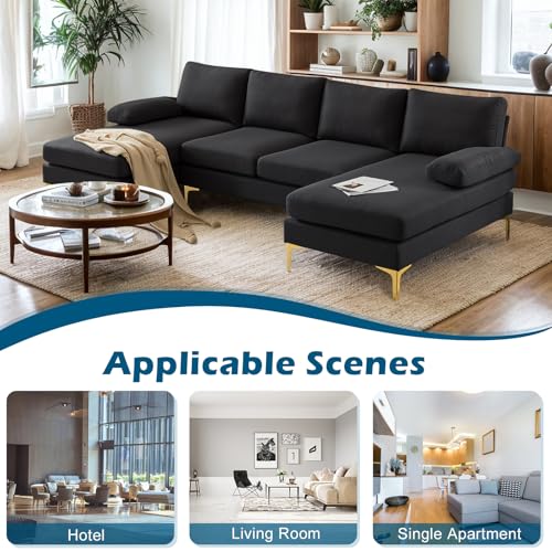 110" Modern Sectional Couch with 51" D Double Chaise, Black Deep Seat U Shaped Couch with Removable Pillows & Metal Legs, Comfy 4-Seat Sofas for Living Room, Linen Fabric