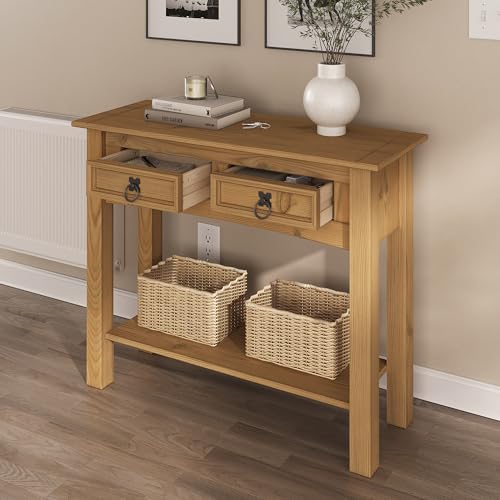 Solid Wood Console Table Corona with 2 Drawers 34.49" W, 12.64" D, 28.82" H - Farmhouse Entryway Table with Storage Shelf, Tables for Living Room, Hallway Foyer for Office & Bedroom
