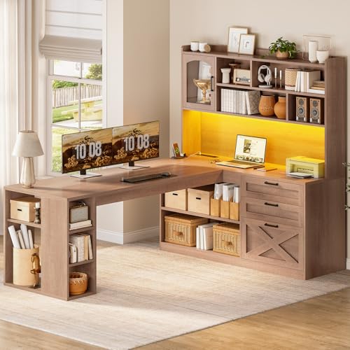 Farmhouse L Shaped Office Desk with Drawers, 61” Computer Desk with Storage Shelves and Power Outlet, Corner Gaming Desk with LED Light and Display Cabinet for Home Office, Light Brown