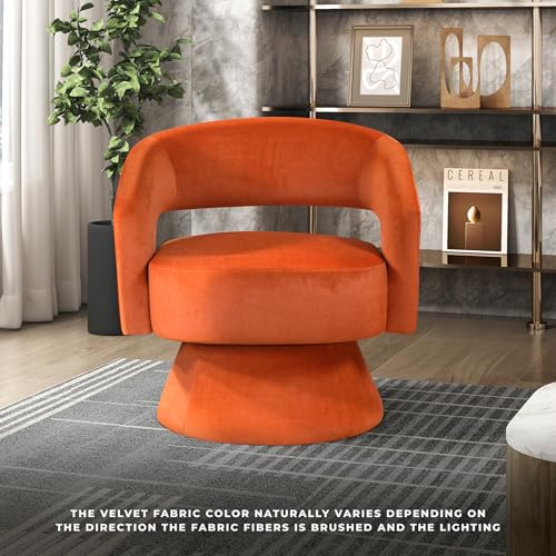 360 Degree Swivel Accent Chair, Modern Comfy Velvet Round Barrel Chair, Open Back, Plush Foam Cushions, Metal Swivel Base for Living Room/Bedroom/Office/Small Spaces, Orange